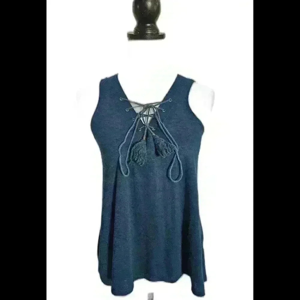 Stylish Teal Casual Tank Top with Lace-Up Detail